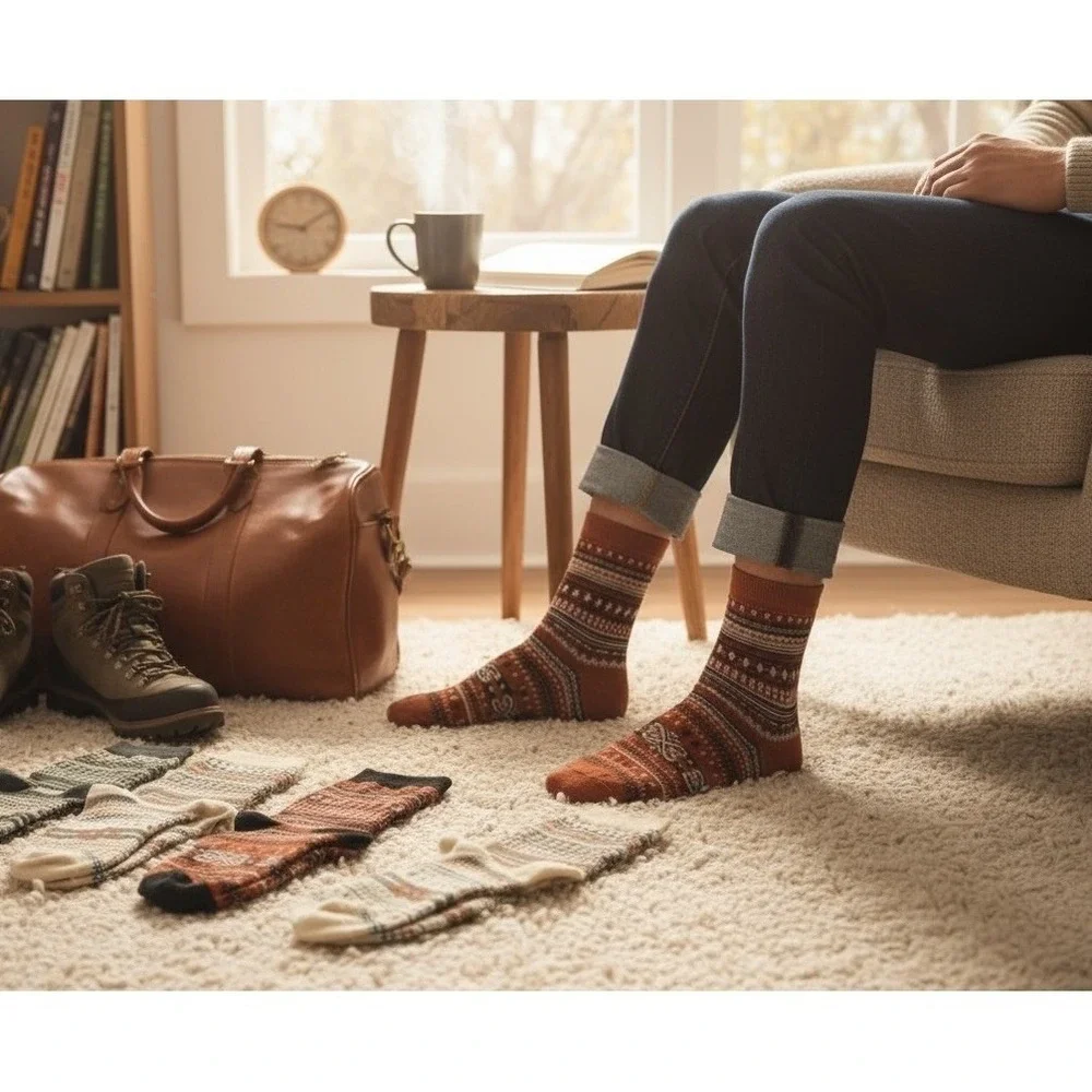 Autumn Spice Retro‎ Mid-Calf Socks 7-10 NEW 5pc Pack Unisex Anti-Slip Elastic